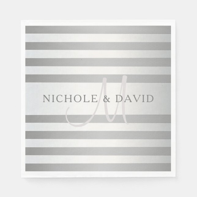 Servilleta De Papel Elegante Monograma Faux Plata Gradiente Rayas Gris (Anverso)