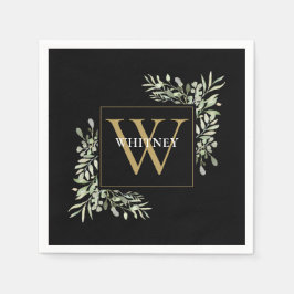 Servilleta De Papel Elegante Monograma Floral Verde Dorado Negro