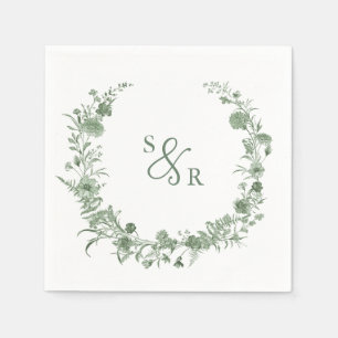 Servilleta De Papel Elegante Monograma Floral Vintage Verde Salvia Bod