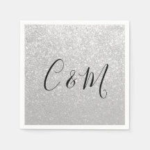 Elegante Monograma Plata Purpurina Boda Napkins
