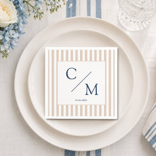 Servilleta De Papel Elegante Monograma Rayas Marrones Boda Costera