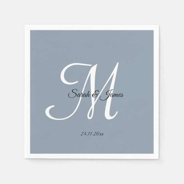 Servilleta De Papel Elegante Monograma Script Dusty Blue Wedding Party (Anverso)