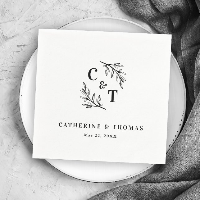 Servilleta De Papel Elegante Monograma verde deja Boda (Elegant Monogram Greenery Leaves Wedding Napkins.)