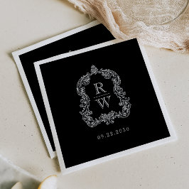 Servilleta De Papel Elegante Monograma Vintage Crest Boda Blanca Negra