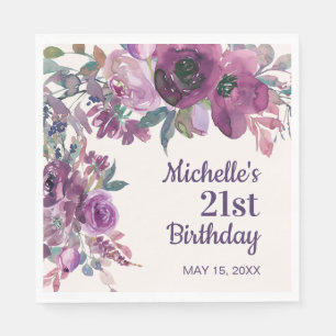 Servilleta De Papel Elegante Morado Acuarela Floral 21 cumpleaños