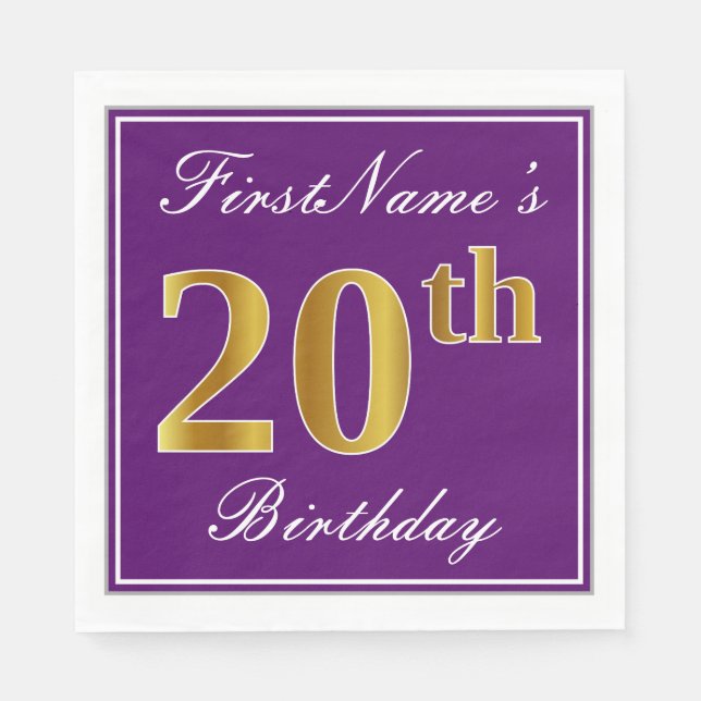 Servilleta De Papel Elegante Morado, Dorado Falso Cumpleaños 20 + Nomb (Anverso)