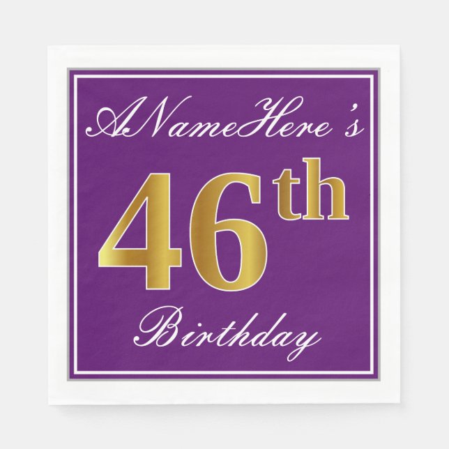 Servilleta De Papel Elegante morado, falso oro 46 cumpleaños + nombre (Anverso)
