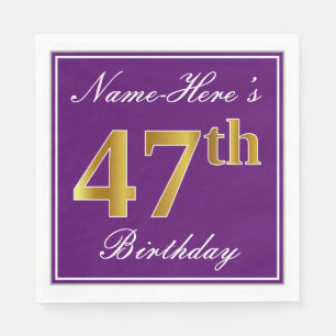 Servilleta De Papel Elegante morado, falso oro 47 cumpleaños + nombre