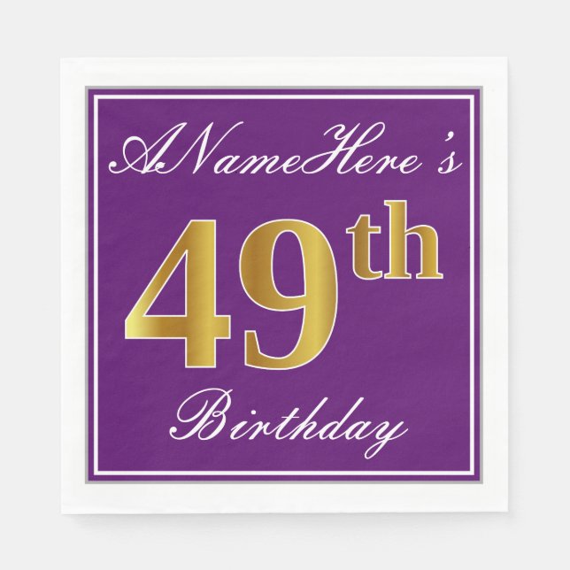 Servilleta De Papel Elegante morado, falso oro 49 cumpleaños + nombre (Anverso)