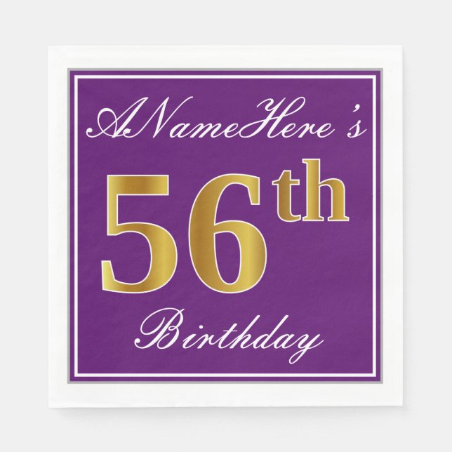 Servilleta De Papel Elegante morado, falso oro 56 cumpleaños + nombre (Anverso)