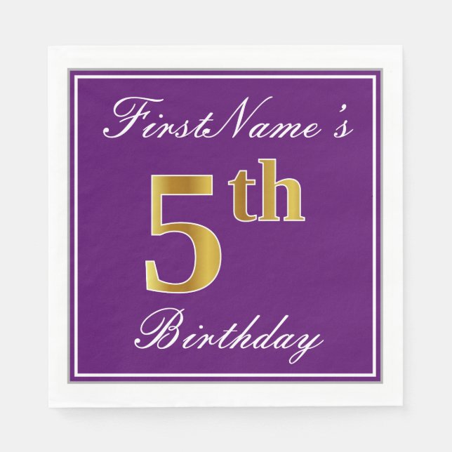Servilleta De Papel Elegante morado, falso oro quinto cumpleaños + nom (Anverso)