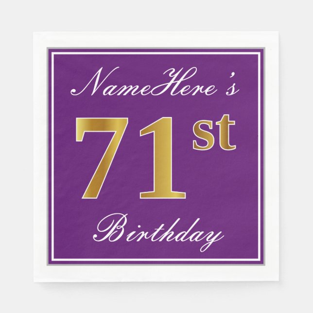 Servilleta De Papel Elegante morado, oro falso 71 cumpleaños + nombre (Anverso)