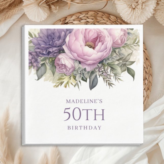 Servilleta De Papel Elegante Morado Pink Floral 50 cumpleaños (Elegant purple watercolor floral and greenery birthday party paper napkins)