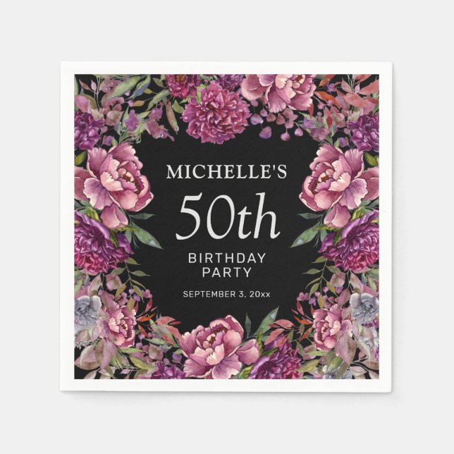 Servilleta De Papel Elegante morado rosado floral negro 50 cumpleaños (Anverso)