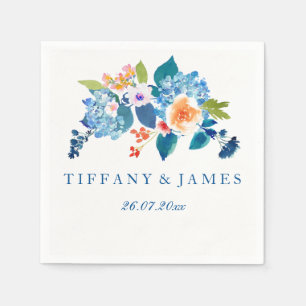 Servilleta De Papel Elegante Napkin Boda Floral Azul & Peach