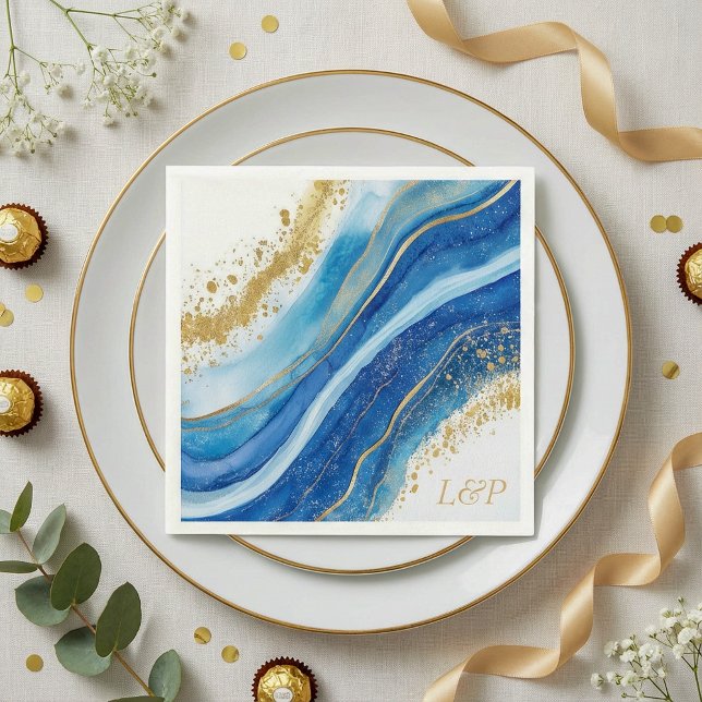 Servilleta De Papel Elegante Napkin de color azul y oro Monograma (Elegant Blue and Gold watercolor Monogram Napkin.)
