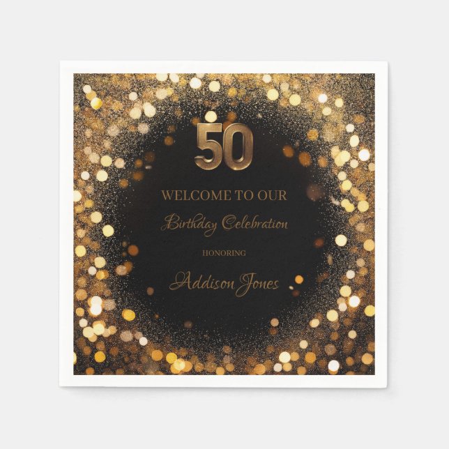 Servilleta De Papel Elegante Napkin de papel negro y oro 50 cumpleaños (Anverso)