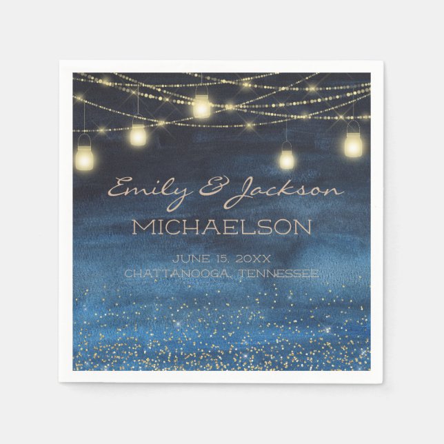 Servilleta De Papel Elegante Navy Blue Gold String Luces (Anverso)