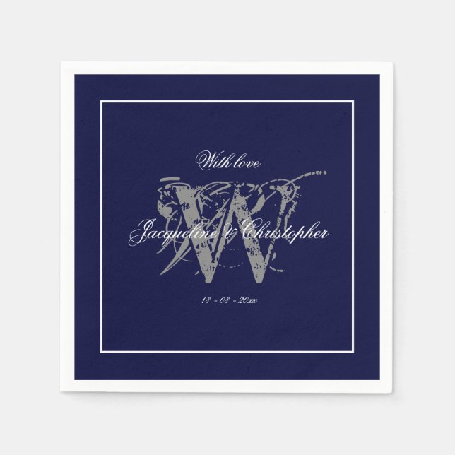 Servilleta De Papel Elegante Navy Blue Monograma Nombres Boda Clásico (Anverso)