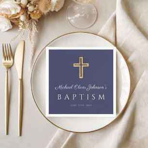 Servilleta De Papel Elegante Navy Blue Religious Cross Boy Baptism