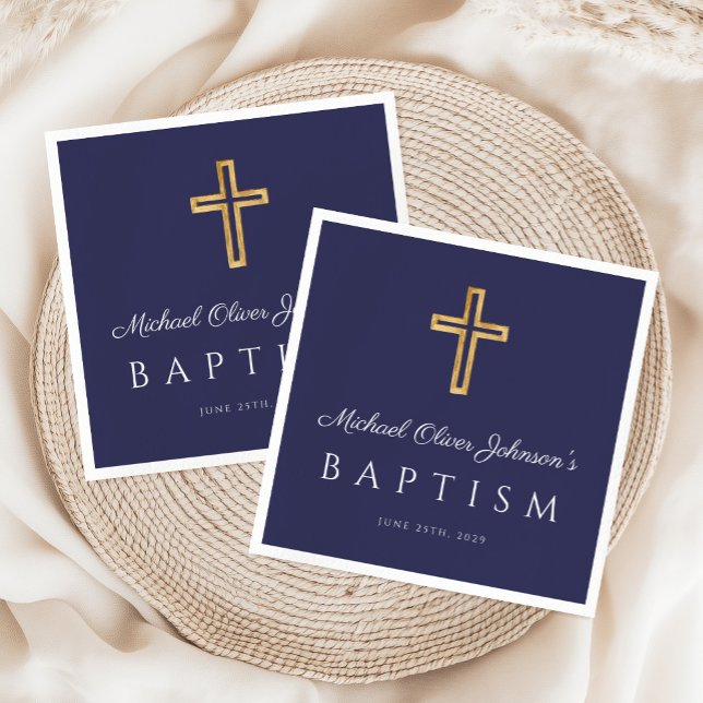 Servilleta De Papel Elegante Navy Blue Religious Cross Boy Baptism (Elegant Navy Blue Religious Cross Boy Baptism Napkins)