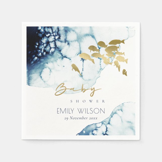 SERVILLETA DE PAPEL ELEGANTE NAVY DE ORO BAJO EL AGUA FISH BABY SHOWER (Anverso)