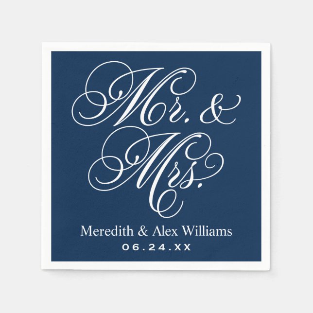 Servilleta De Papel Elegante Navy Sr. y Sra. Script Personalizado Mono (Anverso)