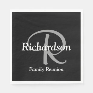 Servilleta De Papel Elegante negro, blanco y gris plateado monogramado
