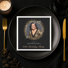 Servilleta De Papel Elegante Negro Oro Foto Personalizada Cumpleaños 6