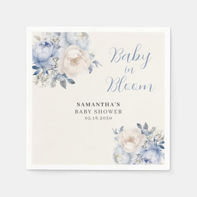 Servilleta De Papel Elegante niño Floral Azul Bebé En La Ducha De Bloo (Anverso)