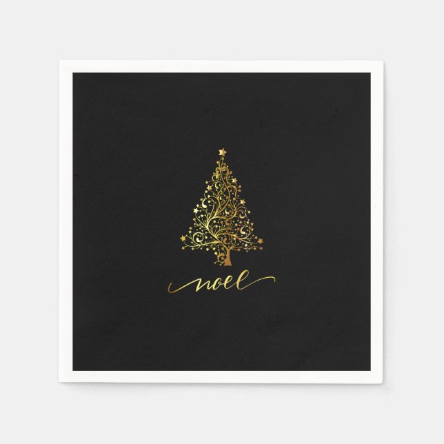 Servilleta De Papel Elegante Noel de Árbol de Navidad Negro y Oro (Anverso)