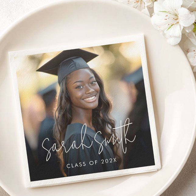 Servilleta De Papel Elegante nombre de graduado de foto de graduación  (Elegant script graduation photo graduate name napkins)