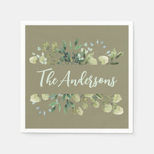 Servilleta De Papel Elegante nombre familiar botánico hojas verde oliv (Anverso)