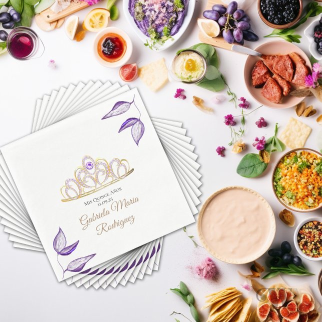 Servilleta De Papel Elegante oliage morado y Tiara Quinceañera (Subido por el creador)