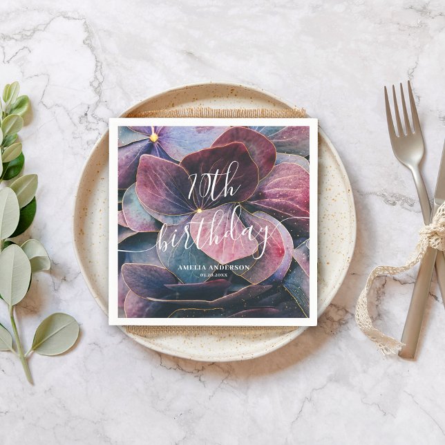 Servilleta De Papel Elegante Oro Púrpura Azul Hidrángulos 70 cumpleaño (Subido por el creador)