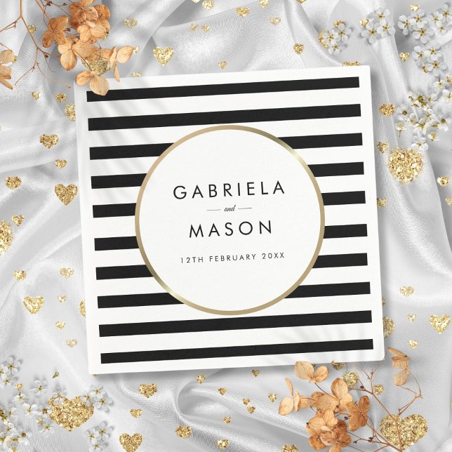Servilleta De Papel Elegante oro y rayas en blanco y negro para boda (Black and White Stripe Chic Gold Wedding Napkins)