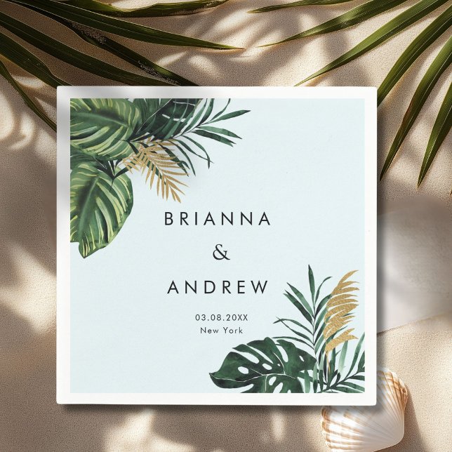 Servilleta De Papel Elegante, Palm Verde, Oro (Imitación) (Custom, Elegant, Green Palm, Gold (Imitation) Light-Blue Napkins with your Name & Date.)