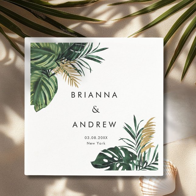 Servilleta De Papel Elegante, Palm Verde, Oro (Imitación) (Custom, Elegant, Green Palm, Gold (Imitation) White Napkins with your Name & Date.)