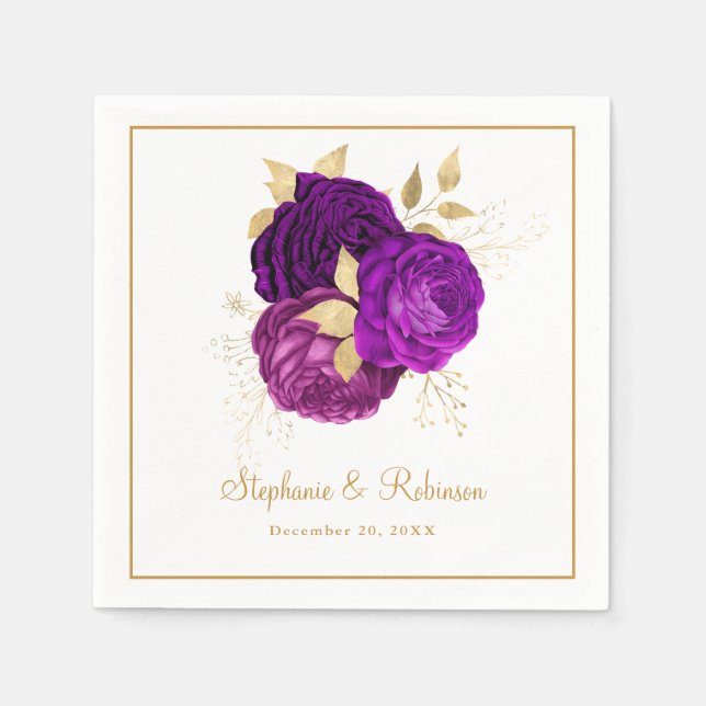 Servilleta De Papel Elegante Papel Boda floral de oro morado (Anverso)