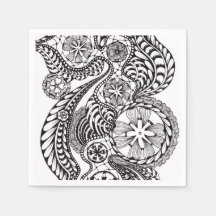 Elegante papel floral Zen Doodle en negro y blanco