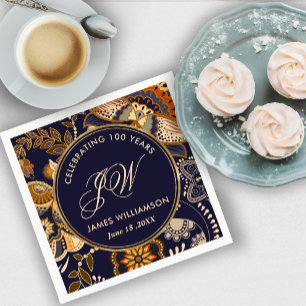 Servilleta De Papel Elegante patrón azul y oro 100 cumpleaños