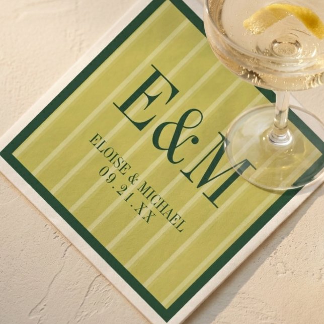Servilleta De Papel Elegante Patrón de Raya de Chartreuse con Monogram (Elegant Monogram Chartreuse Stripe Pattern Wedding Napkins)