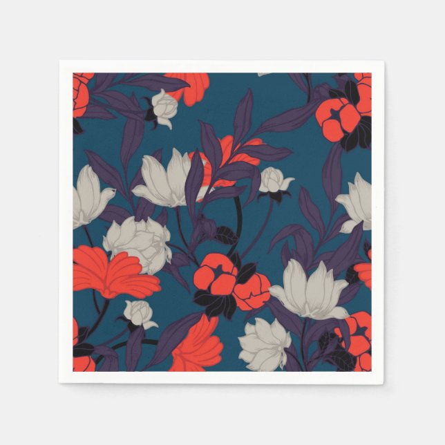 Servilleta De Papel Elegante patrón floral azul y rojo (Anverso)
