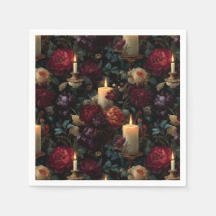 Servilleta De Papel Elegante patrón floral oscuro con velas