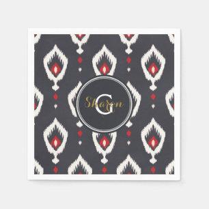 Servilleta De Papel Elegante patrón tribal ikat negro y rojo con monog