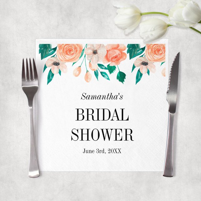 Servilleta De Papel Elegante Peach Bridal Ducha Floral Personalizada (Elegant Peach Bridal Shower Personalized Floral Napkins
)