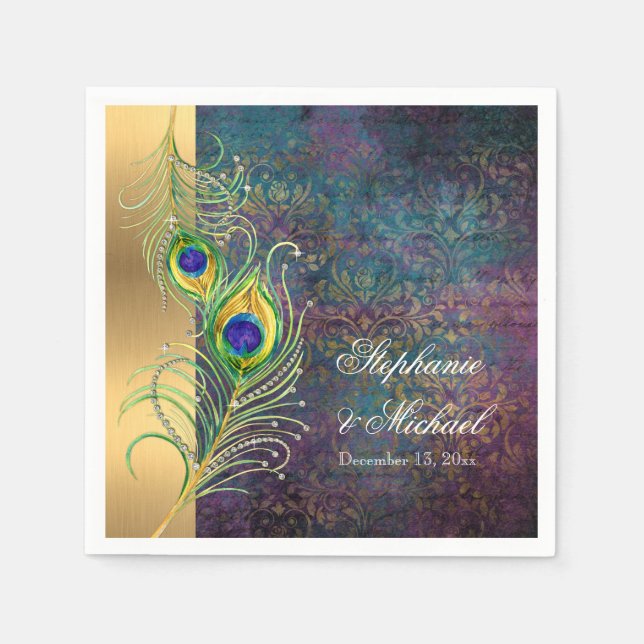 Servilleta De Papel Elegante Peacock Feathers Jewel Scrolls Boda (Anverso)