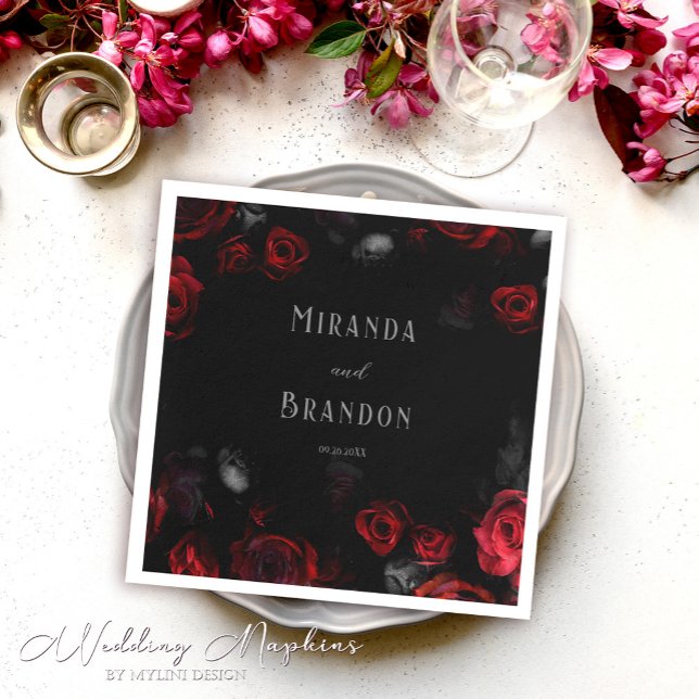 Servilleta De Papel Elegante Personalizado Boda floral negro y rojo (Subido por el creador)