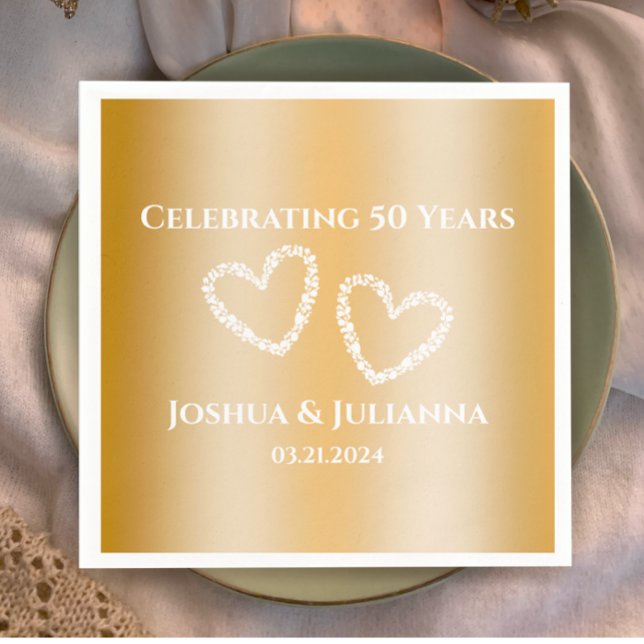 Servilleta De Papel Elegante Personalizado Faux Gold 50 aniversario Bo (Custom text faux gold gradient 50th wedding anniversary party .napkins, stylish hearts personalized
)