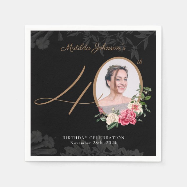 Servilleta De Papel Elegante Personalizado Floral Black Gold 40 cumple (Anverso)